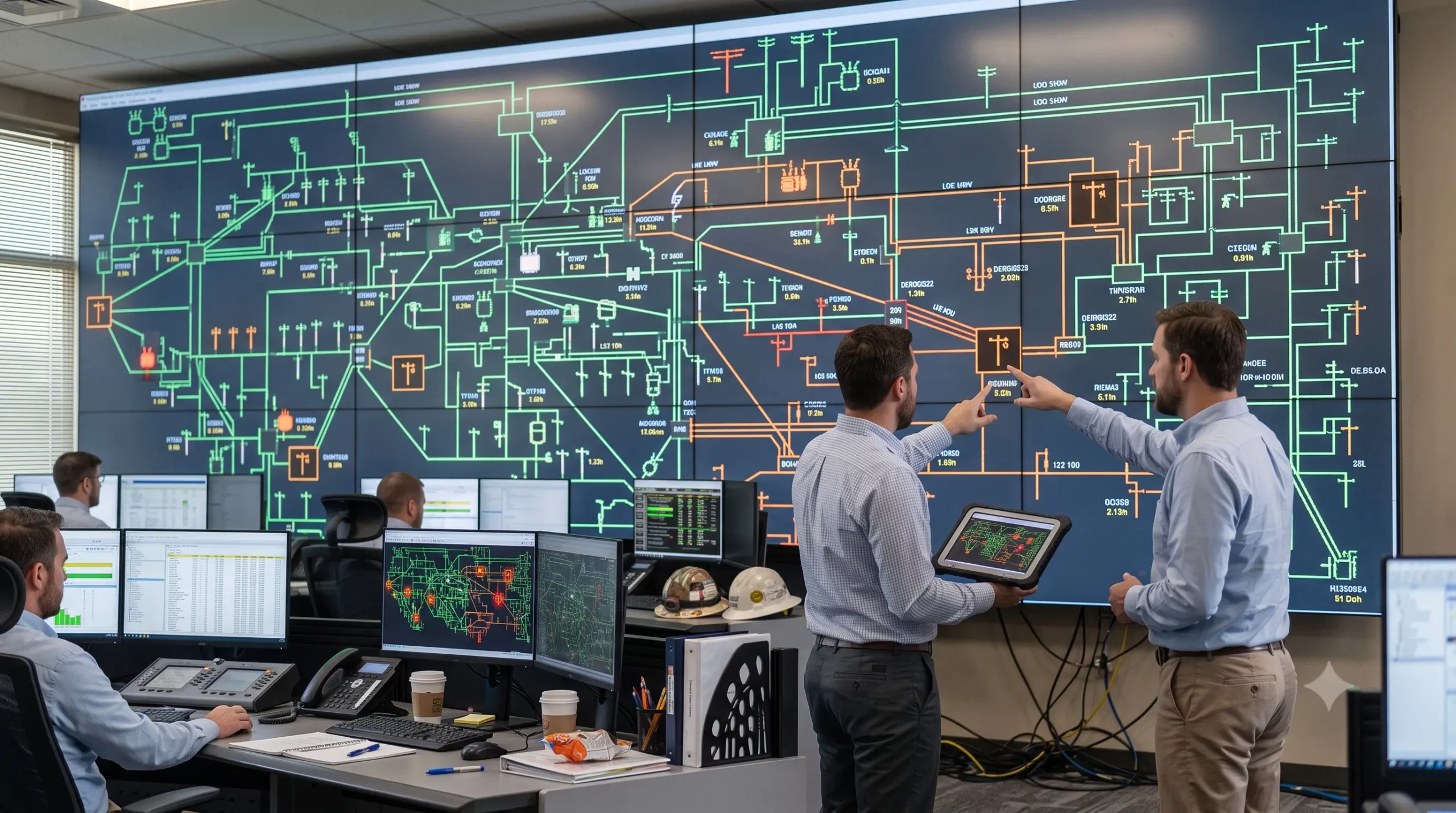 Two engineers review a large power grid network diagram on a control room video wall while colleagues monitor workstations nearby